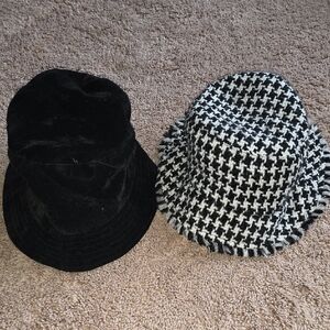 Liz Claiborne Black Velvet Bucket Hat & Black and White Houndstooth Bucket Hat
